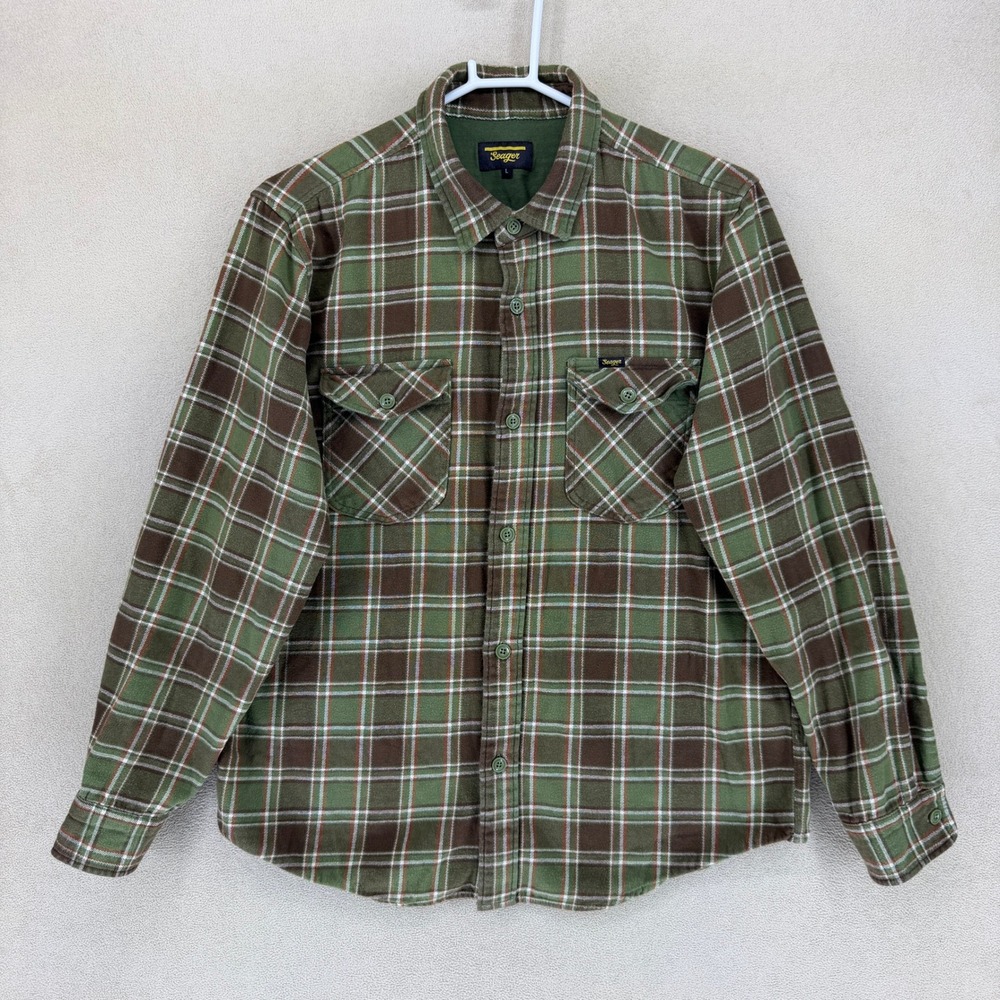Seager Mens Flannel Long Sleeve Button‎ Up Shirt Green Brown Plaid Size L
